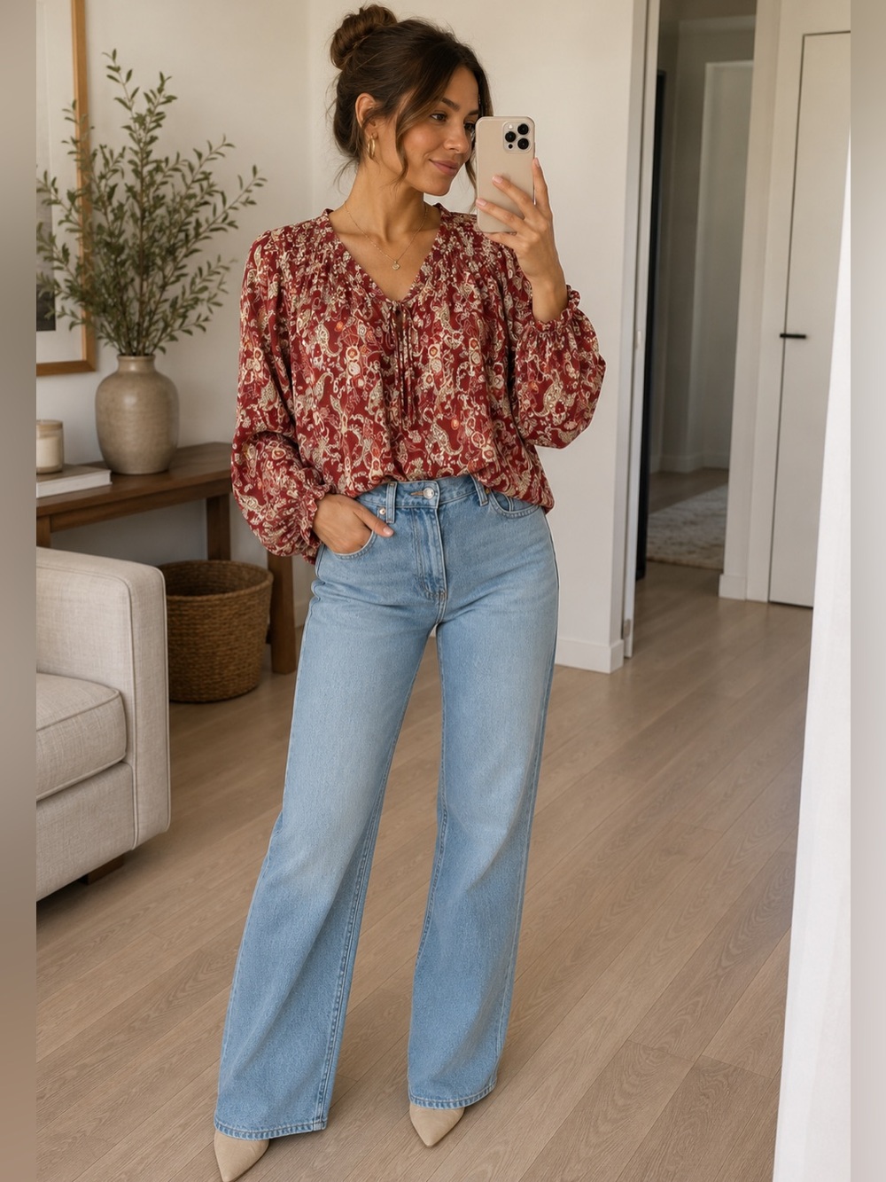 Rose & Olive Top Paisley Button Down Smocked Long Sleeve Floral